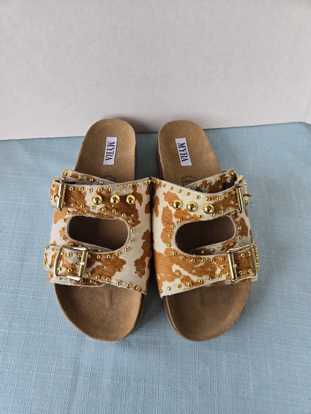 Myra "Dumble" Cowhide Studded Slide Sandals Leather Women's Size 10 Boho Western
